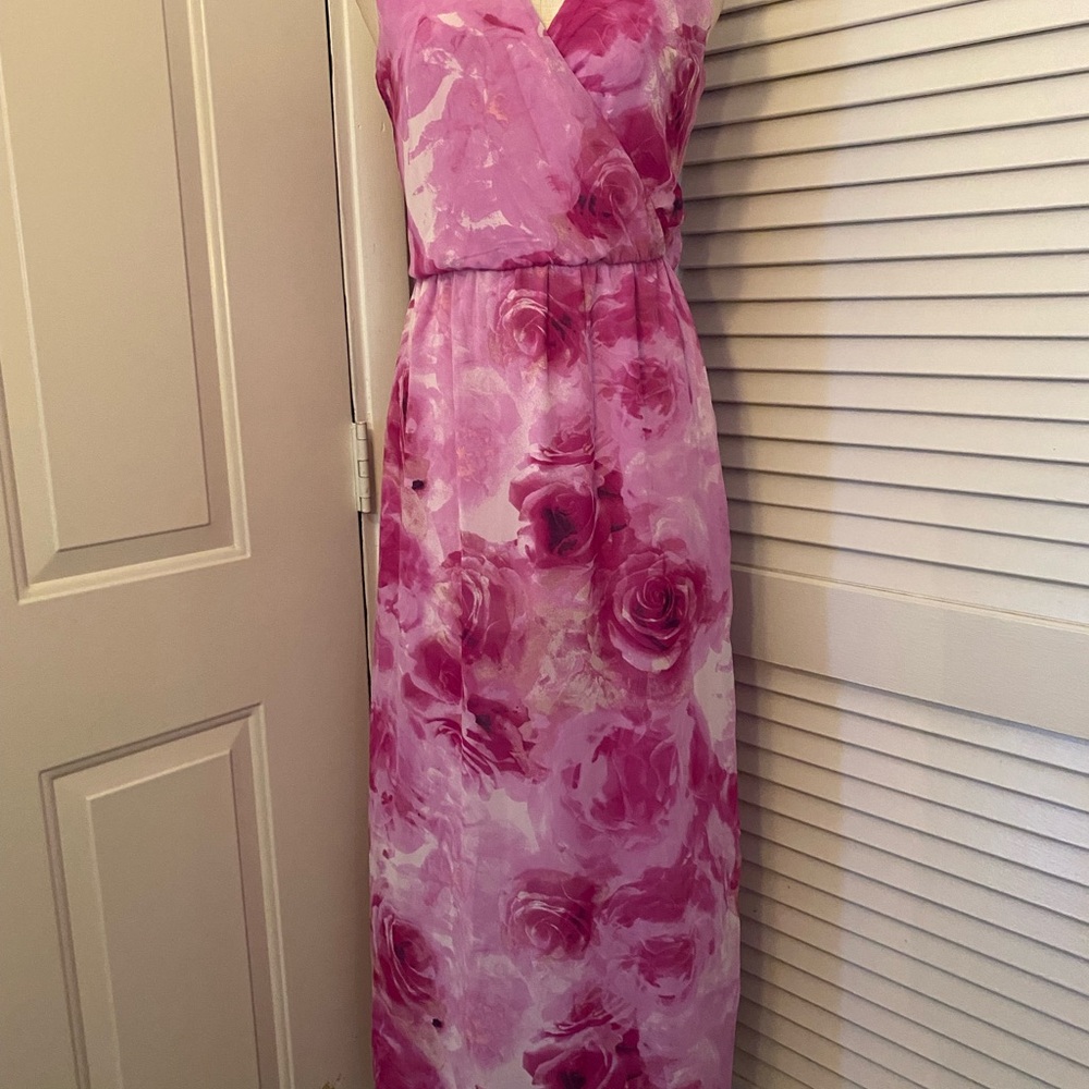 karin stevens Pink Rose Print V-Neck Maxi Dress- Size 10 - Picture 2 of 9